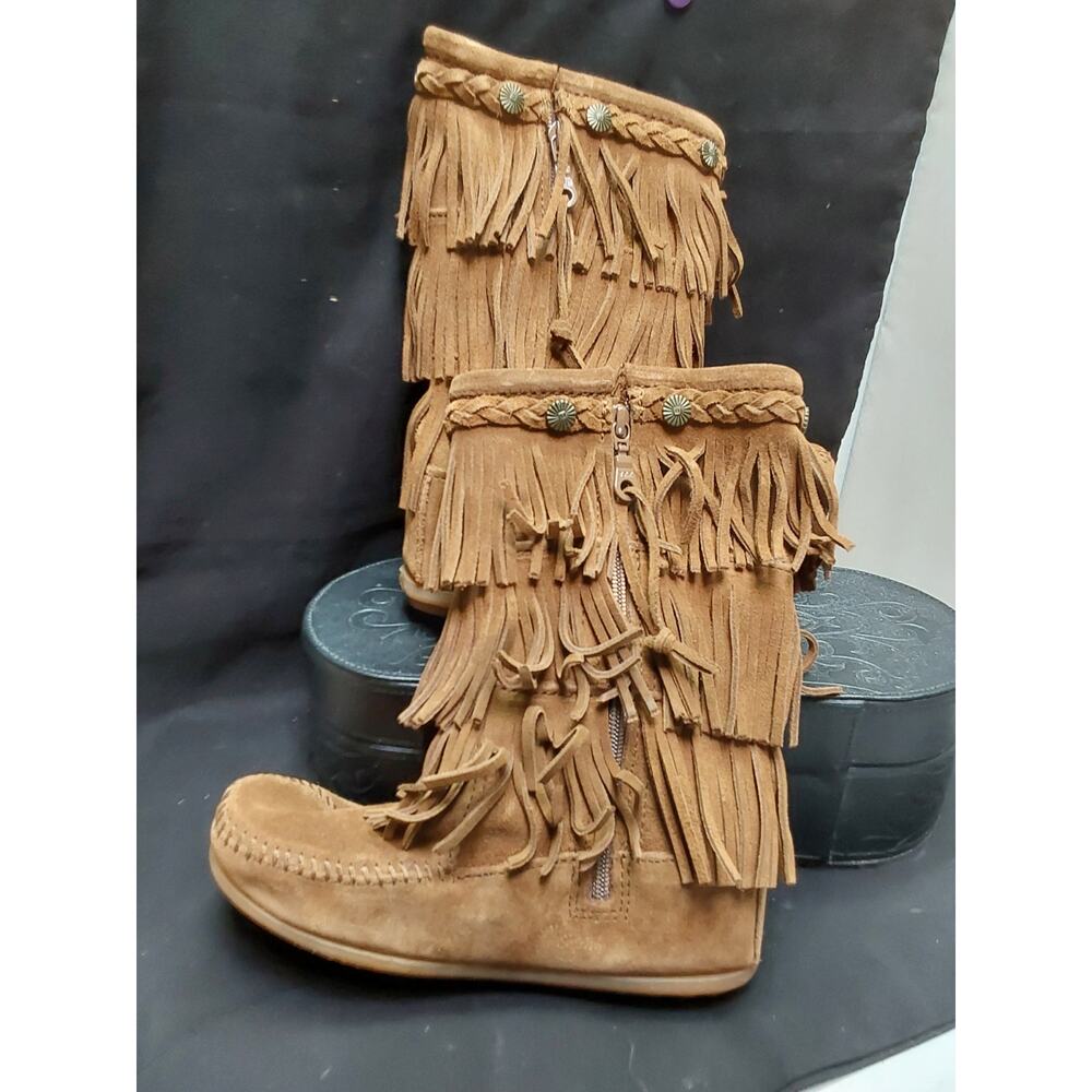 New Childs Size 3 3 tier fringe brown suede Boots youth #2658 in box - Picture 2 of 5